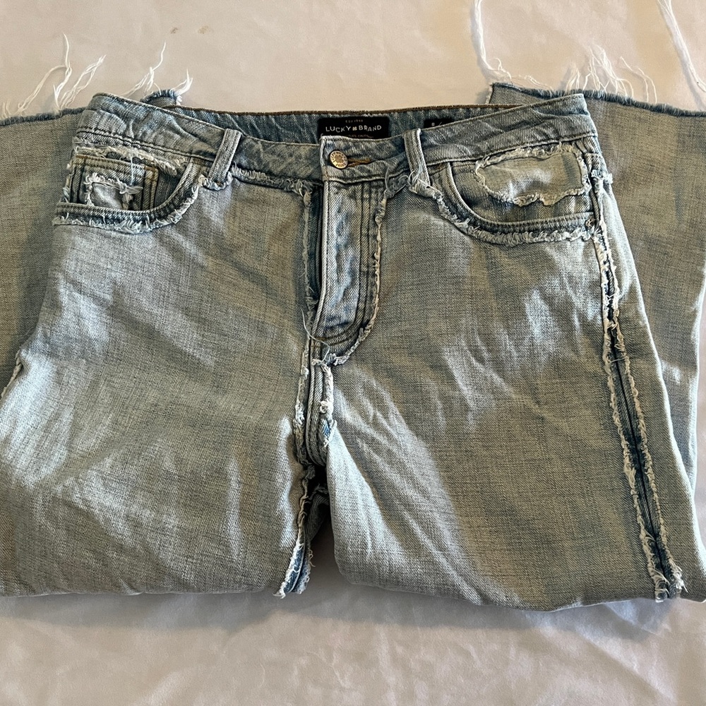 Lucky Brand Tomboy Women Size 29 Medium Wash Skinny Jeans Raw Hem High Rise Y2k.